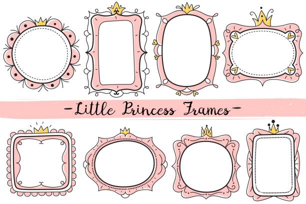 Little princess frames. Pink cute mirrors frame, baby invitation pictures, sketch hand drawn crown, girl birthday card vector template Little princess frames. Pink cute mirrors frame, baby girl birthday party invitation card with hand drawn crown. Vector elegant kid decor and romantic gold round royal shower photo template pregnant borders stock illustrations