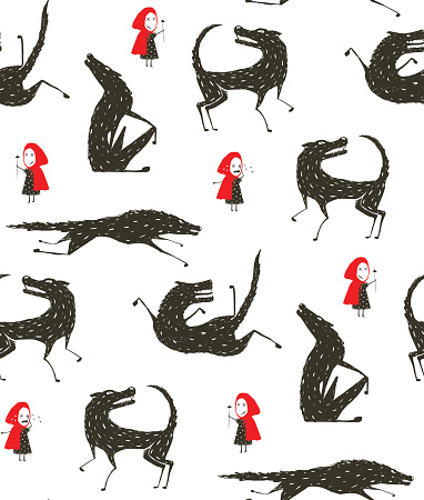 Little Red Riding Hood and Black Wolf Fairytale Seamless Pattern