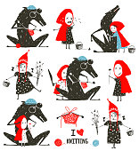 Big set of black wolf and little red riding hood tale characters. Vector illustration.