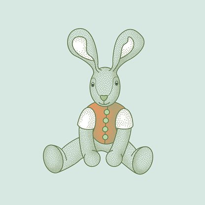Little, sitting bunny/rabbit with long ears and an orange jacket