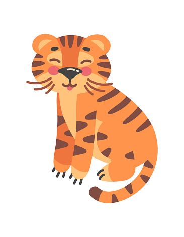 Little sitting tiger. Fun jungle cat, vector illustration