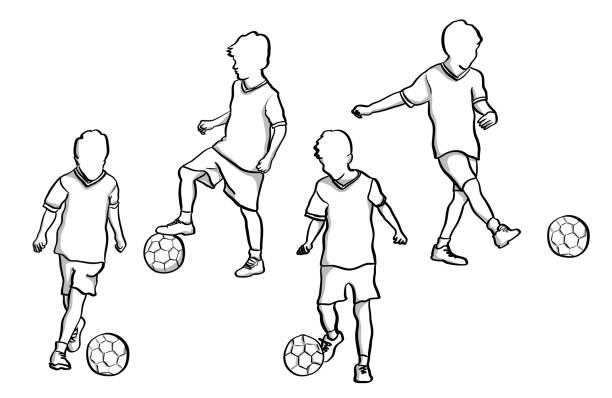 Little Soccer Player Little boys playing soccer in various instances.  Vector sketch illustration football clipart black and white stock illustrations