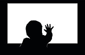 Little toddler touching blank television screen with his hand. Easy editable layered vector illustration.
