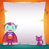 Poster with little vampire with black kitten for Happy Halloween party. Editable template with text space. For posters, banners, flyers, invitations, postcards.