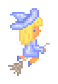 Little witch in a blue dress and hat flying on a broom to the sabbath, pixel art illustration. Halloween party character isolated on white. Magic Walpurgis Night creature.8 bit video game graphics.