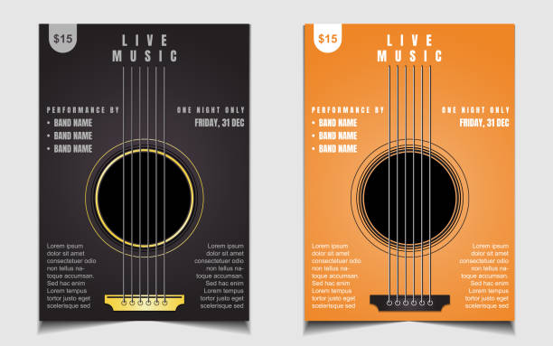 Live music cover poster background design template with a guitar acoustic shapes illustration. Vector banner layout for promo club invitation concert event, festival flyer, jazz blues musician band, acoustic guitar stock illustrations