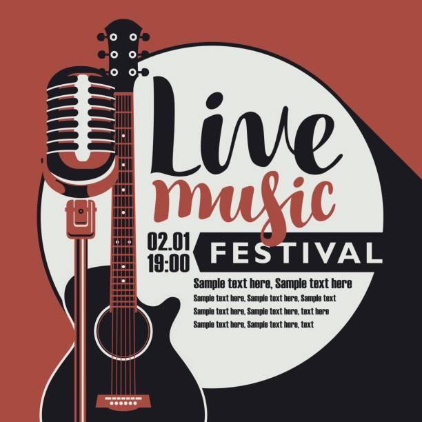 live music poster with guitar and microphone Vector poster for music festival with an acoustic guitar, a microphone, the inscription live music and place for text in retro style guitar backgrounds stock illustrations