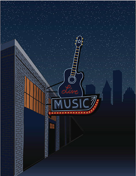 Live Music Sign in the City A hand-drawn scene for a live music venue in the city. Neon retro guitar sign with space for text and additional content.  guitar backgrounds stock illustrations