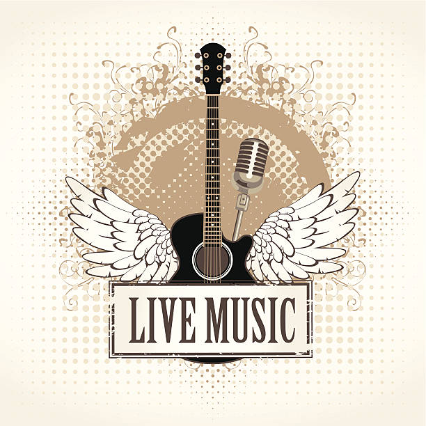 live music banner and wings with a guitar mic stencil stock illustrations