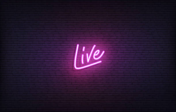 Live neon sign. Glowing neon lettering Live On Air template. Live neon sign. Glowing neon lettering Live On Air template. interview background stock illustrations