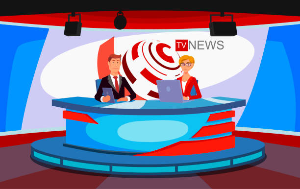ilustrações de stock, clip art, desenhos animados e ícones de tv live news show host interview. a television studio, a live television news broadcast. - tv studio