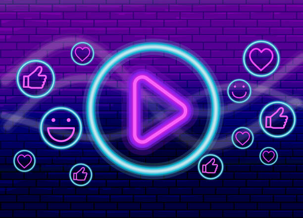 Live Streaming Event neon social media banner design with play button and interactive icons on purple brick wall Vector illustration of a Live Streaming Event neon social media banner design with play button concept on purple brick wall. Fully editable. Includes vector eps and high resolution jpg. play button illustrations stock illustrations