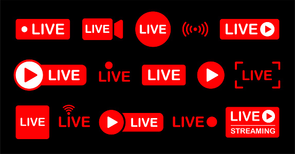 Live Streaming Icon Set. Black Background. Red Signs and Symbols of Streaming, Broadcasting, Online Video and Podcasts. Vector Template