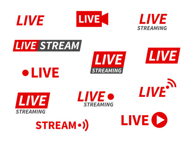 Live streaming icons. Broadcasting video news, tv stream screen banners. Online channel, live event stickers isolated vector set Live streaming icons. Broadcasting video news, tv stream screen banners. Online channel, live event stickers isolated vector set for living show technology live streaming stock illustrations