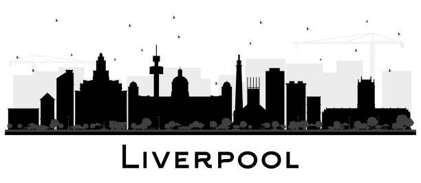 liverpool şehir manzarası siluet siyah üzerinde beyaz izole binalar. - liverpool stock illustrations