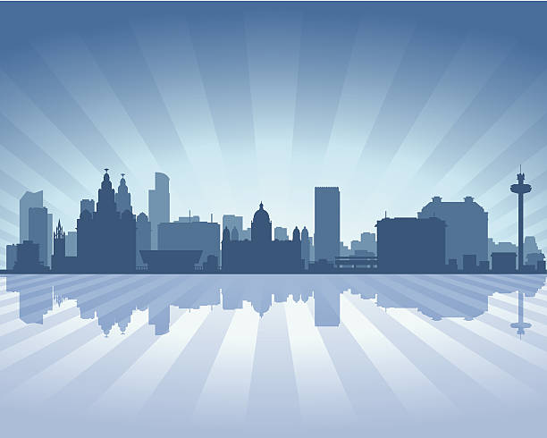stockillustraties, clipart, cartoons en iconen met liverpool england blue city skyline silhouette - liverpool