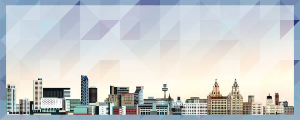 아름다운 삼각형 텍스처 배경에 리버풀 스카이 라인 벡터 다채로운 포스터 - liverpool stock illustrations