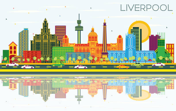 liverpool uk city skyline z kolorowymi budynkami, błękitnym niebem i refleksjami. - liverpool stock illustrations