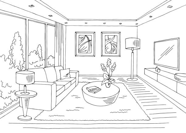 거실 그래픽, 블랙 화이트 홈, 인테리어, 스케치 일러스트 벡터 - living room stock illustrations