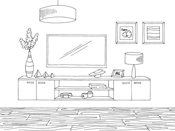 Living room graphic black white home interior sketch illustration vector  drawing of a bookshelf stock illustrations