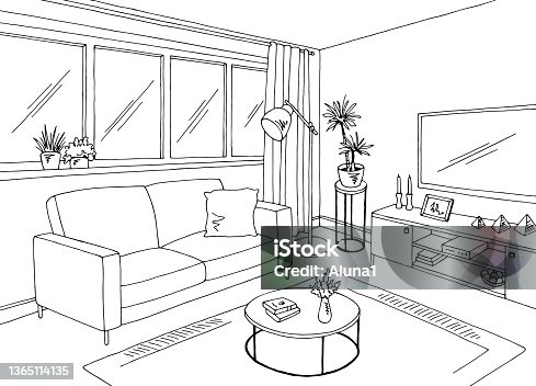 istock Living room graphic black white home interior sketch illustration vector 1365114135