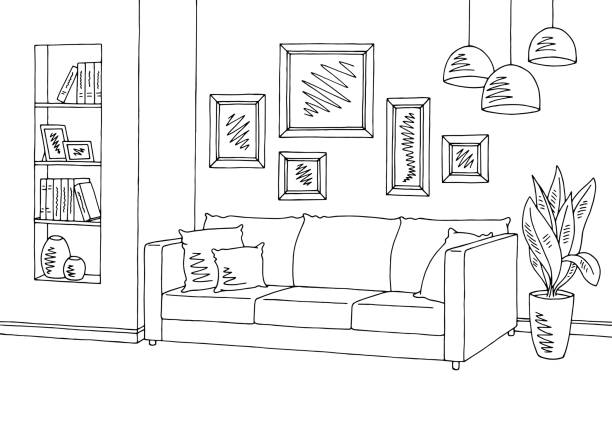 Living room graphic black white interior sketch illustration vector  drawing of a bookshelf stock illustrations