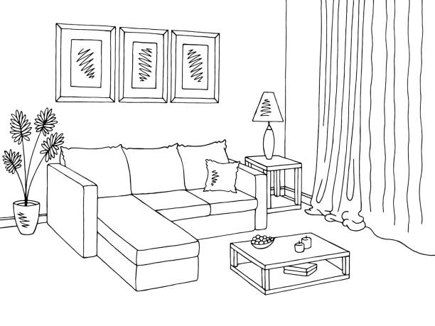 Best Living Room Interior Graphic Black White Sketch Illustration