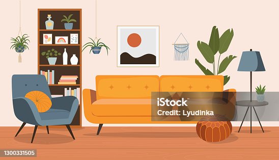 istock Living room interior. Comfortable sofa,  bookcase, chair and house plants. Vector flat style cartoon illustration. 1300331505