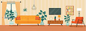Living room interior. Comfortable sofa, TV,  window, chair and house plants. Vector flat style illustration