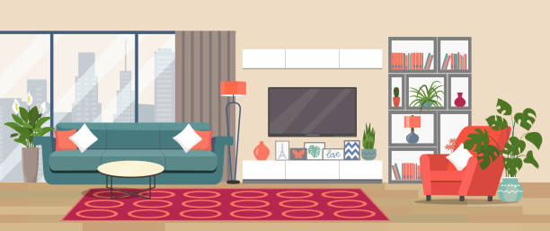 リビングルームのインテリア。快適なソファ、テレビ、窓、椅子、家の植物。ベクトルフラットイラスト - リビング点のイラスト素材／クリップアート素材／マンガ素材／アイコン素材