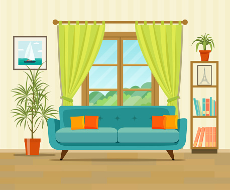 Living room interior design with furniture: sofa, bookcase, picture. Flat style vector illustration