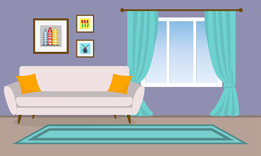 Living room interior. Vector background with sofa, pictures and window with curtains. Home or house design. Modern decor. Vector illustration.