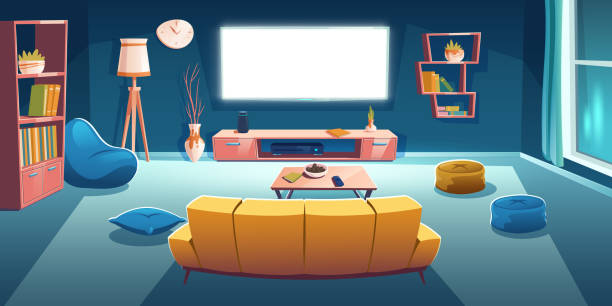 ilustrações de stock, clip art, desenhos animados e ícones de living room interior with tv, sofa at night time - living room night nobody