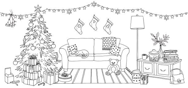 Living room with Christmas decoration Hand drawn illustration of a living room with Christmas decoration, interior design with couch, cupboard, Christmas tree and gift boxes coloring pages stock illustrations