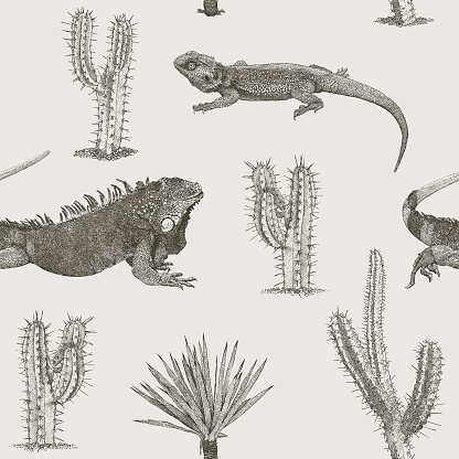 Lizards and Cactus Palms Seamless Repeat Pattern