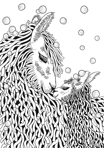 Llama Mather And Baby Coloring Book Page For Adult And Children In