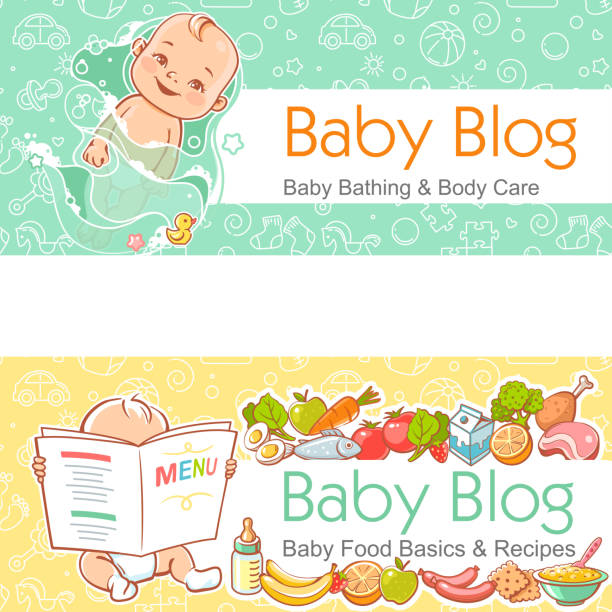 stockillustraties, clipart, cartoons en iconen met llustration voor baby blog. schattige kleine baby in bath. baby met voedsel. - swimming baby