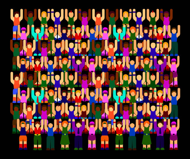 llustration with crowd Many people rising their hands up on black background cartoon of a stadium crowd stock illustrations