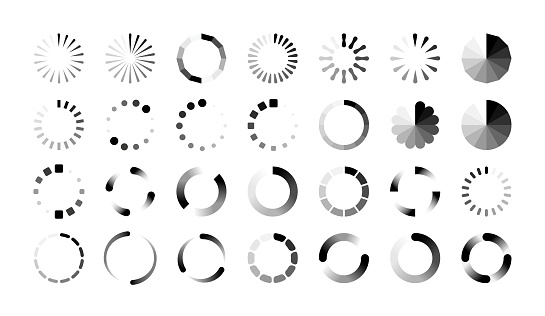 Loader icons. Round progress bar, buffering and data transfer process sign. Black web marks on white background. Collection symbols of upload and download or reboot. Vector loading flat isolated set