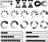 Loading preloader and downloading Icons black & white set. This editable vector file features black interface icons on white Background. The interface icons are organized in rows and can be used as app interface icons, online as internet web buttons, and in digital and print.