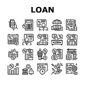 Loan Financial Credit Collection Icons Set Vector. Loan For Buy Car And House Mortgage, For Business Or Investment, Calculating Percent Black Contour Illustrations