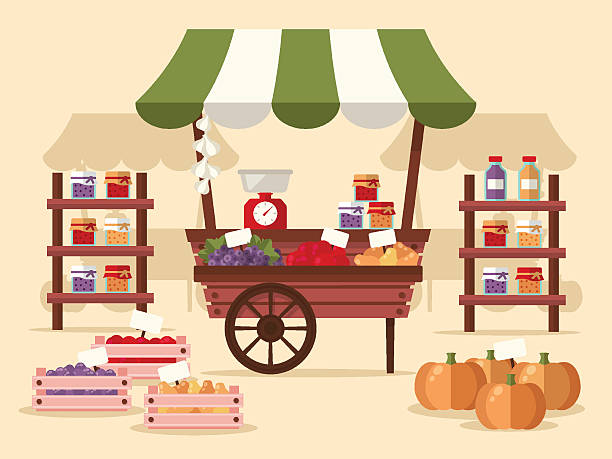 Local Autumn Products at Farmers Market Local autumn products at Farmers Market. Organic fruits, vegetables, jams and juices. Flat design style.  farmers market stock illustrations