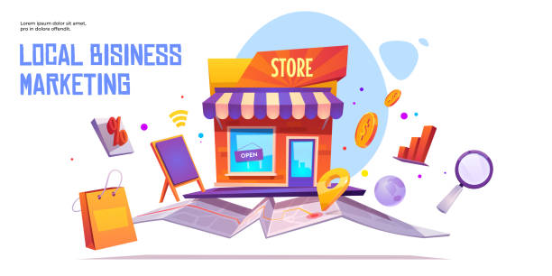 Local business marketing vector banner template Local business marketing banner template. Seo, start up project financing support service. Small business, shop or store building stand on map. Market construction city project, cartoon illustration homegrown produce stock illustrations