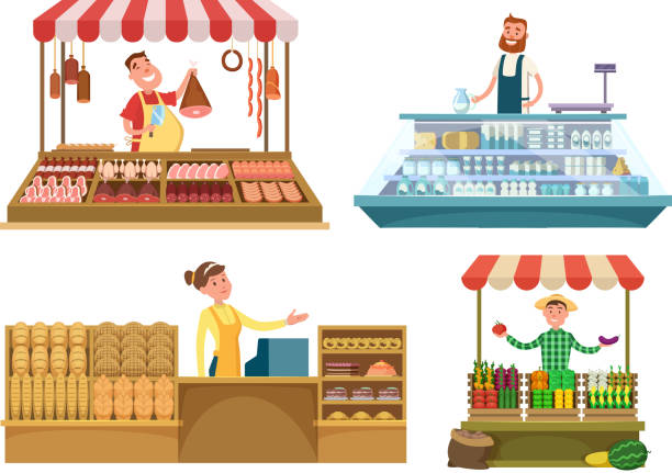 Local markets. Fresh farm foods, meat, bakery and milk. Shopping places isolated on white background Local markets. Fresh farm foods, meat, bakery and milk. Shopping places isolated on white background. Market shop milk and meat, vegetables and fruit illustration supermarket clipart stock illustrations