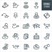 A set of location and search icons that include editable strokes or outlines using the EPS vector file. The icons include map markers, map, pinpoint, push pin, on target, location marker, binoculars, online search, internet search, spotting scope, magnifying glass, business location, gps, compass and telescope to name a few.