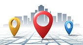 Location check road pins. Vector infographic locationing pin set on city map, localization 3d pinning roadcheck gps diagram