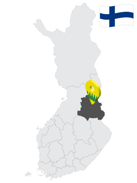 位置凱努地區在地圖上芬蘭。3d 位置標誌類似於凱努的旗幟。質量地圖與芬蘭地區為您的設計。eps10. - kainuu region 幅插畫檔、美工圖案、卡通及圖標