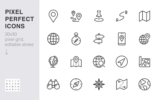 Location line icon set. Compass, travel, globe, map, geography, earth, distance, direction minimal vector illustration. Simple outline sign navigation app ui 30x30 Pixel Perfect Editable Stroke.