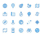 Location line icon set. Compass, travel, globe, map, geography, earth, distance, direction minimal vector illustration. Simple outline sign navigation app ui. Blue color, Editable Stroke.