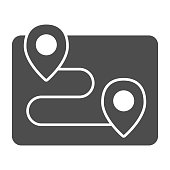 Location markers and route solid icon, Navigation concept, From point to point distance with two pin sign on white background, route icon in glyph style for mobile, web. Vector graphics